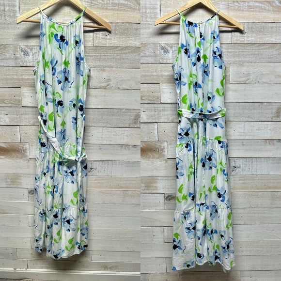 The Limited Halter Maxi Dress Womens Small Floral Sleeveless Belt Linen Coastal - Picture 2 of 12